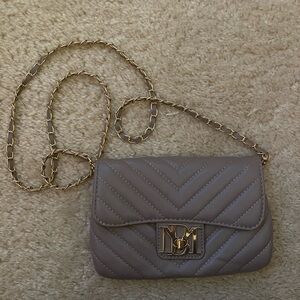 Quilted Taupe Chain Crossbody Bag with Gold Hardware